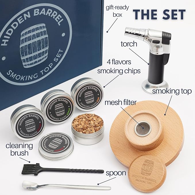 Whiskey Smoker Kits with Torch 4 Flavors Wood Chips Bourbon Cocktail Old Fashioned Smoker Kit Gifts for Man, Father’s Day, Christmas for Husband, Dad(No Butane)