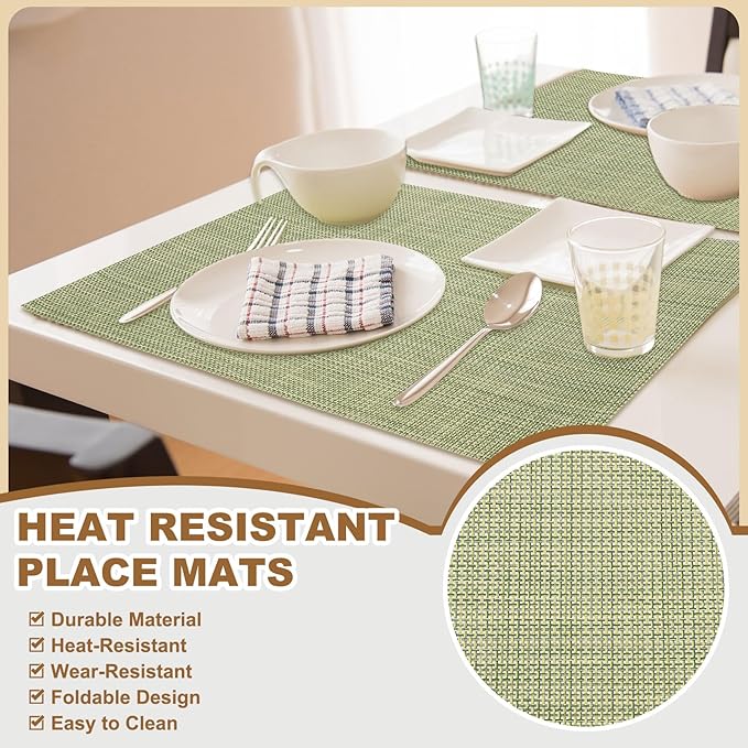 uxcell Faux Linen Placemats, 12x18 Inch Heat Resistant Place Mats Machine Washable Non-Slip Cloth Placemats for Dining Table Kitchen Indoor Outdoor Home Decoration(Green,2Pcs)