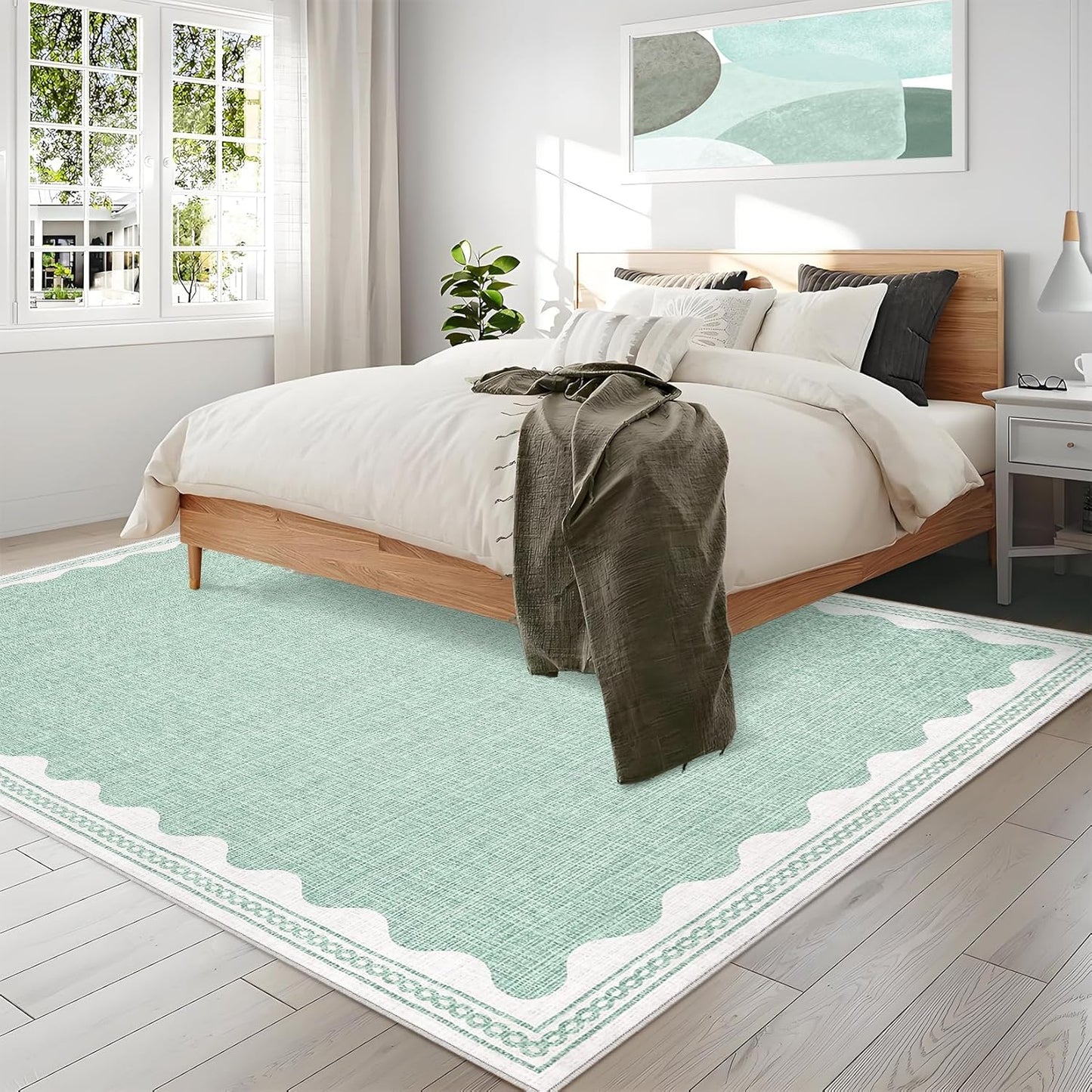 Scalloped Washable Rug 5x7 Area Rugs for Living Room, Solid Green Rug for Bedroom Girls, Non Slip Scalloped Rugs Throw Mat with Rubber Back, Soft Dorm Nursery Low Pile Carpet for Dining Room