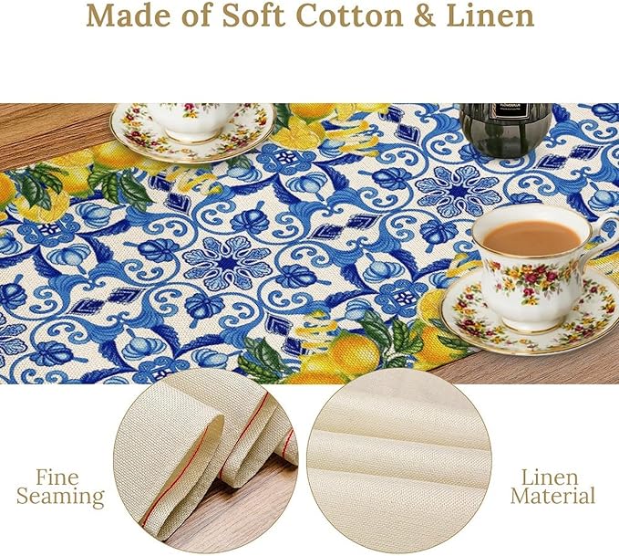 Blue Lemon Table Runner, Italy Tile Yellow Lemon Fruit Table Runners for Farmhouse Coffee Home Kitchen Dining Party Patio Indoor Outdoor 13x108in