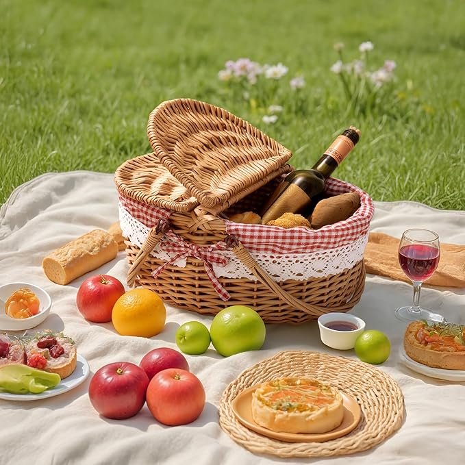 GRANNY SAYS Picnic Basket, Wicker Basket with Lid, Woven Cute Basket with Handle, Storage Basket with Washable Lining & Dual-Flid Lid, Natural Willow Picnic Hamper, Red Lining