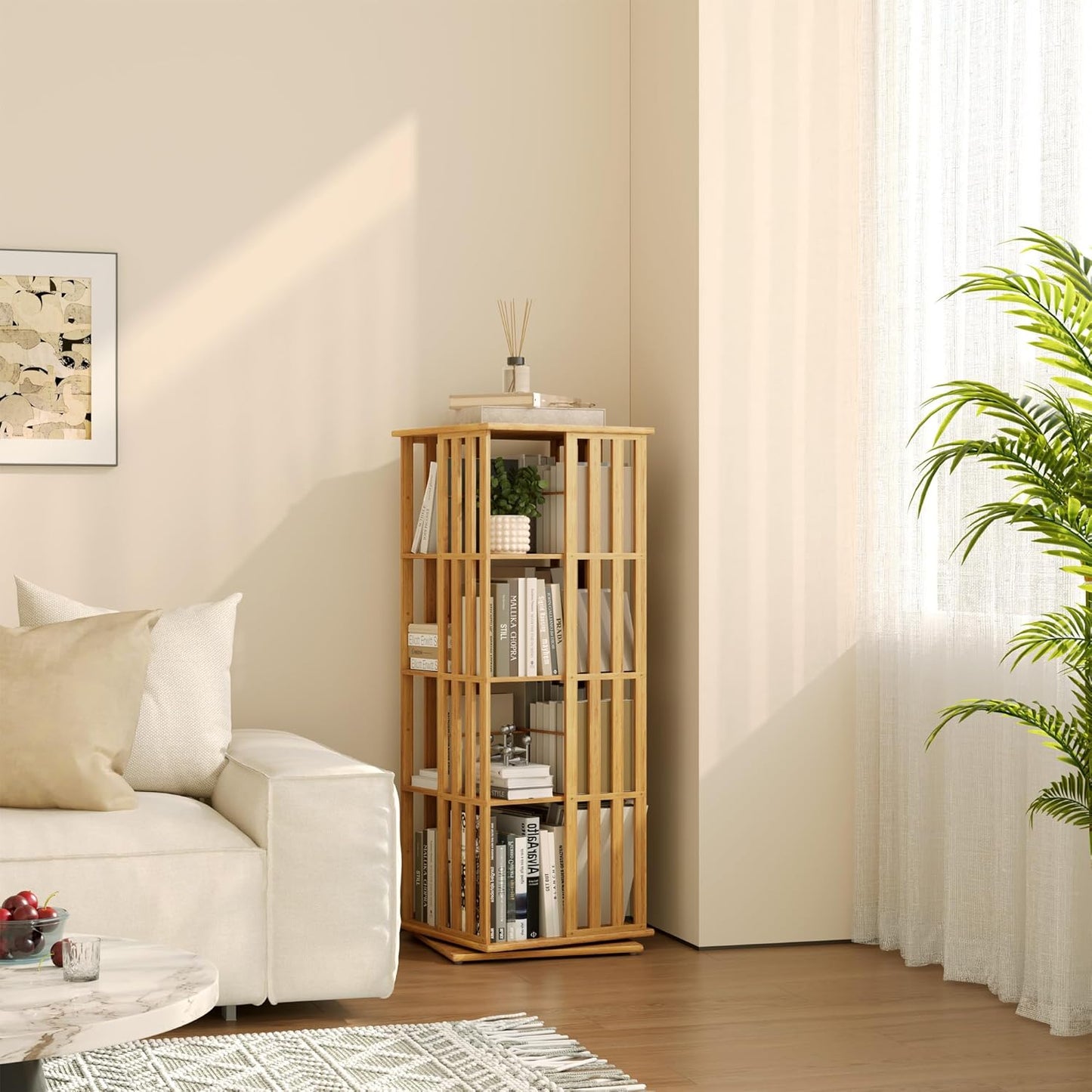 YOWOS Rotating Bookshelf Tower, 360 Display Spinning Bookcase, Bamboo Bookshelf Floor Standing Storage Rack, Wood Narrow Book Shelf Organizer for Kids&Adults (Nature, 4 Tier)