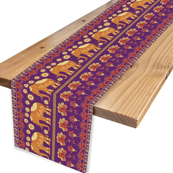 African Tribal Table Runner, Rustic Elephants Floral African Indian Diwali Art Print Purple Coffee Table Center Decor for Home Kitchen Holiday Party Farmhouse Outdoor Table Decorations, 13"x90"