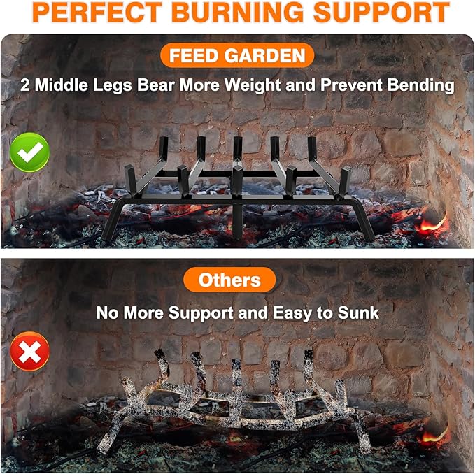 FEED GARDEN Small Fireplace Grate 17 inch Heavy Duty Fireplace Log Holder, 1/2" Solid Steel Bar Fire Pit Grate for Indoor Outdoor, Wood Stove Fireplace Accessories Wrought Iron Firewood Burning Rack