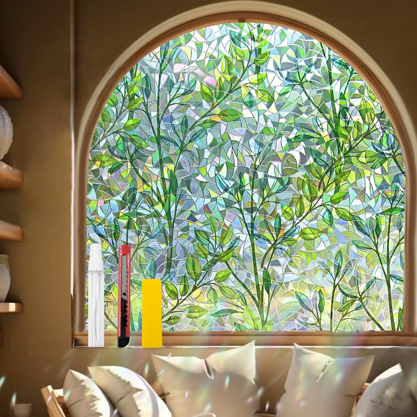 Window Privacy Film Stain Glass Window Film Rainbow Window Film Window clings Non-Adhesive Reusable Decorative for Room (Leaf Rainbow, 45.2 x 157.4 in)