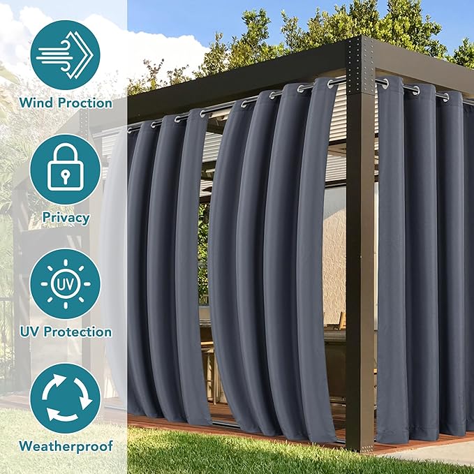 HolidayIdeas Patio Curtains Outdoor Waterproof 4 Panels 54x95 Inch-Windproof Light Flitering Outdoor Privacy Curtains Grommet Top and Tab Bottom Drape for Gazebo, Porch, Pergola, Cabana, Backyard Grey