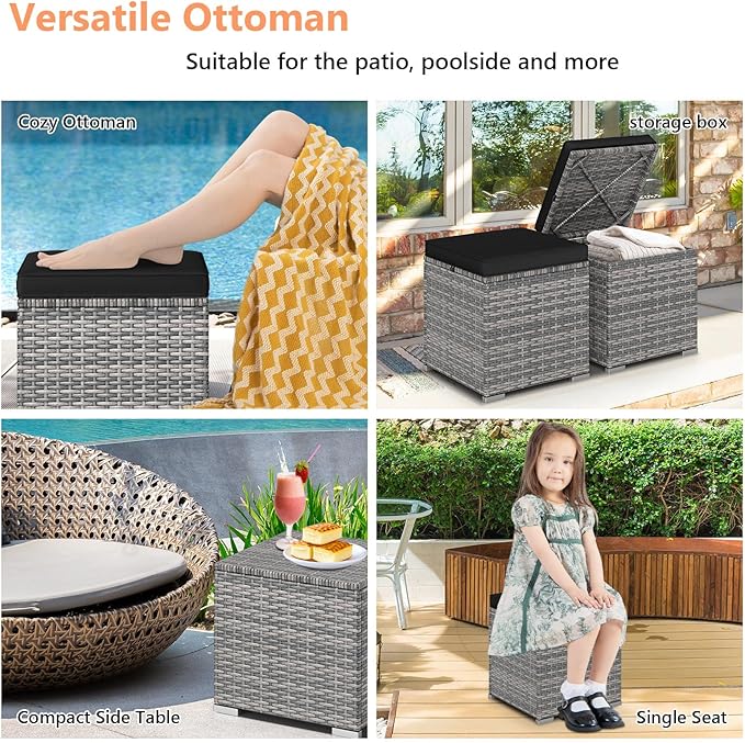 Tangkula 2 Pieces Patio Ottomans, Patiojoy Hand-Woven PE Rattan Side Table with Removable Cushion & Hidden Storage Space, Multifunctional Storage Box, Seat for Patio, Backyard, Poolside (Black&Grey)