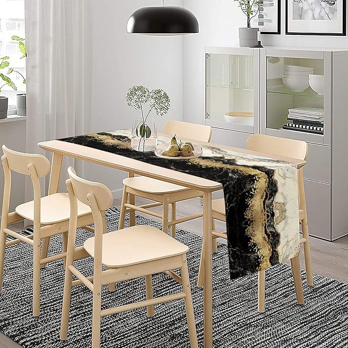 Marble Table Runner, Ink Golden Marble Texture Table Runner for Kitchen Wedding Farmhouse Indoor Outdoor Home Party 13x60in