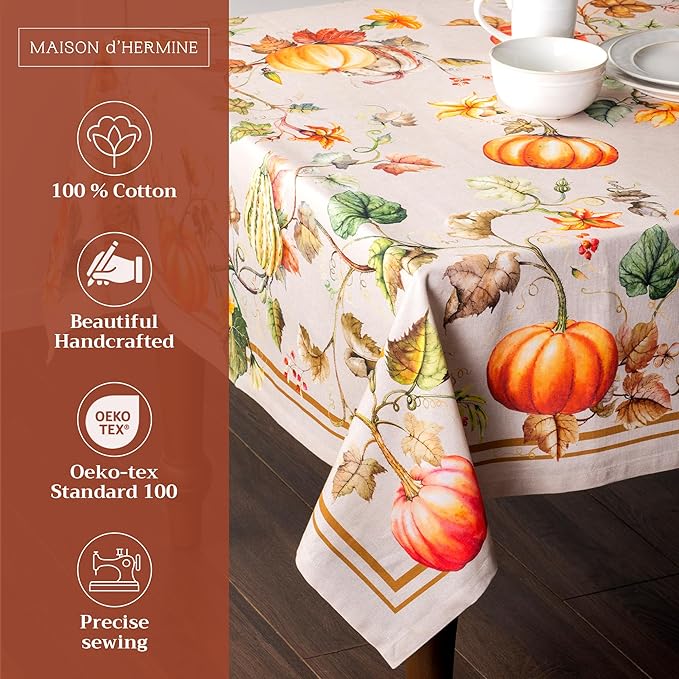 Maison d' Hermine Table Cloth Rectangle Table 100% Cotton 60 x 108 Inches Fall Tablecloth Reusable Everyday Use for Thanksgiving Christmas Decorations Dining Farmhouse Party (Potiron)