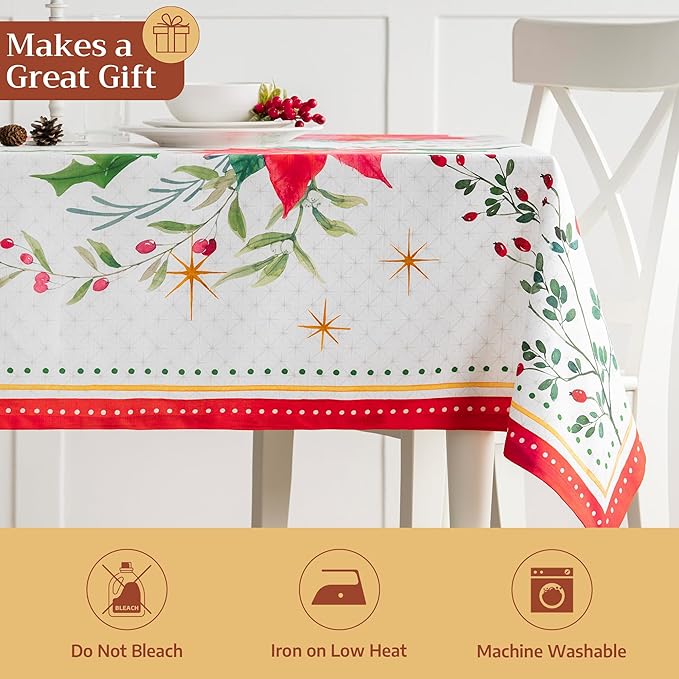 Maison d' Hermine Table Cloth Rectangle Table 100% Cotton 70 x 120 Inches Fall Tablecloth Reusable Everyday Use for Thanksgiving Christmas Decorations Dining Farmhouse Party (Poinsettia Christmas)