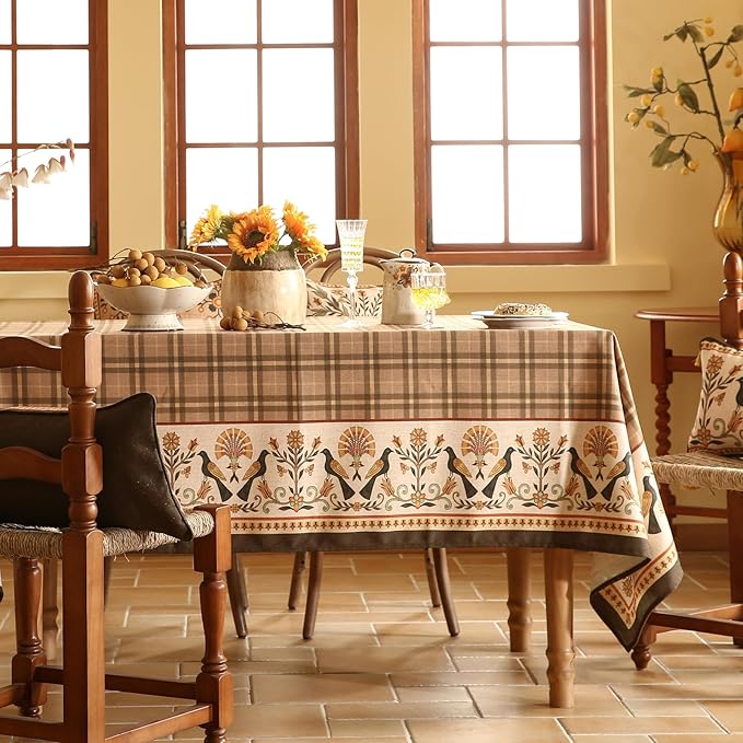 Vintage Brown Checkered Rectangle Tablecloth,Italian Floral Linen Wrinkle Resistant Table Cloth,Decor Table Cover for Kitchen,Dining,Thanksgiving,Christmas,Tea Party,55"*87"-Seville