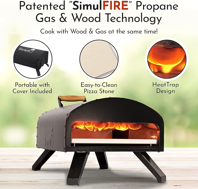 Bertello SimulFIRE Outdoor Pizza Oven Bundle - Wood Fire Portable 12 inch Brick Oven with Gas Burner, Peel, Wood Tray, Cover, & Thermometer - Portable Pizza Maker - As Seen on SHARK TANK