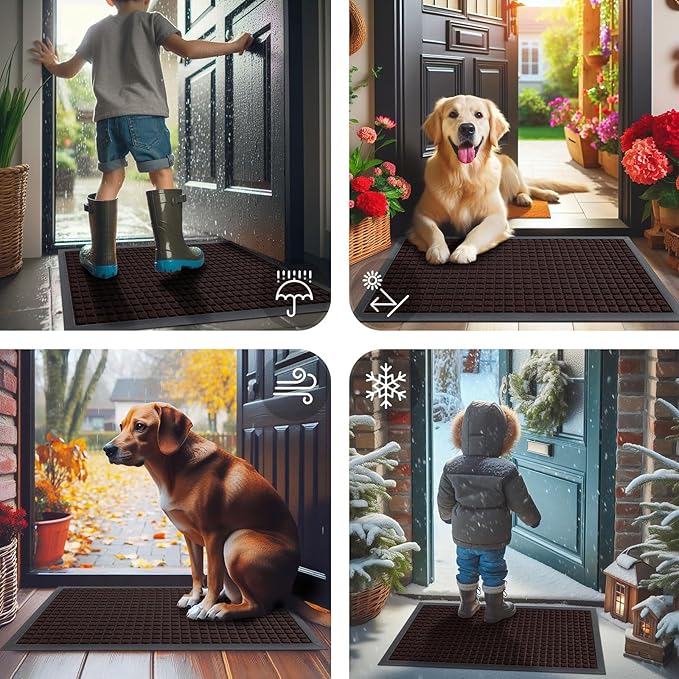 Smiry Front Door Mat Outside Entrance, Heavy Duty Natural Rubber Doormat, Non Slip, Trap Dirt and Moisture, Easy Clean, Low Profile Welcome Floor Mats for Indoor Outdoor Entry, 71x23 Inch, Brown