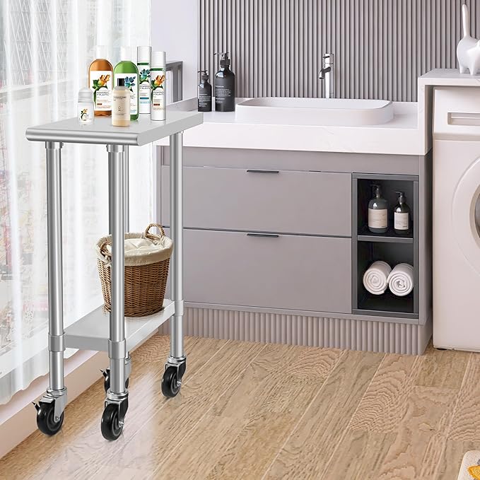 HARDURA Stainless Steel Commercial Table Prep & Work Table with Casters Heavy Duty Metal Table with Wheels NSF 430 24×12 Inches