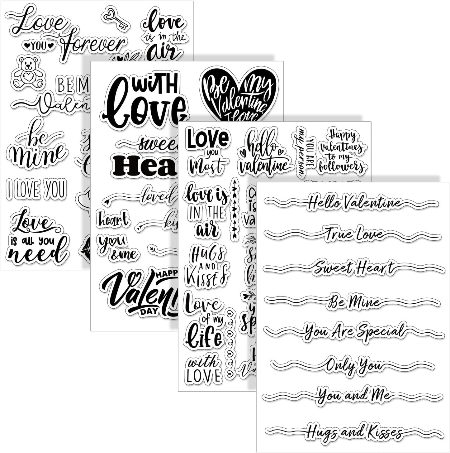 Whaline 4 Sheet Valentine's Day Words Clear Stamps Love Heart Silicone Transparent Stamps Border Stamp Cards for DIY Craft Card Making Scrapbooking Embossing Album Decor