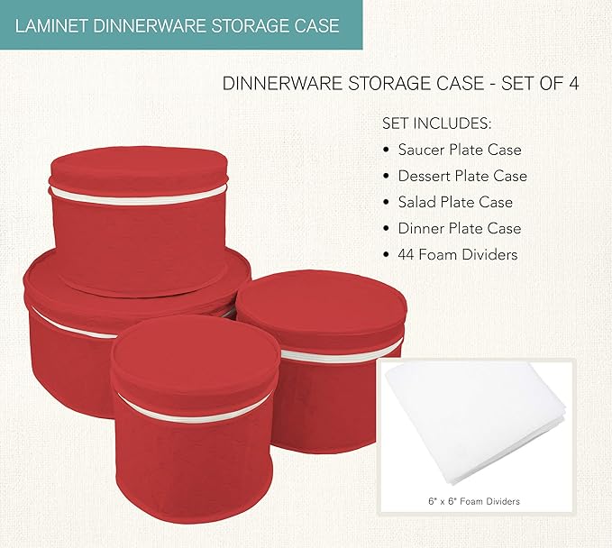 LAMINET 4 Piece Quilted Plate Storage Set - Holds Up to 48 Plates with Padded Inserts - RED