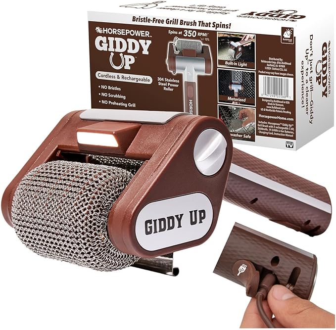 HorsePower Giddy Up Grill Cleaner AS SEEN ON TV! – Cordless, Rechargeable BBQ Tool with 350 RPM Stainless Roller, LED Light – Patents Pending – From BulbHead, a Family-Owned American Brand