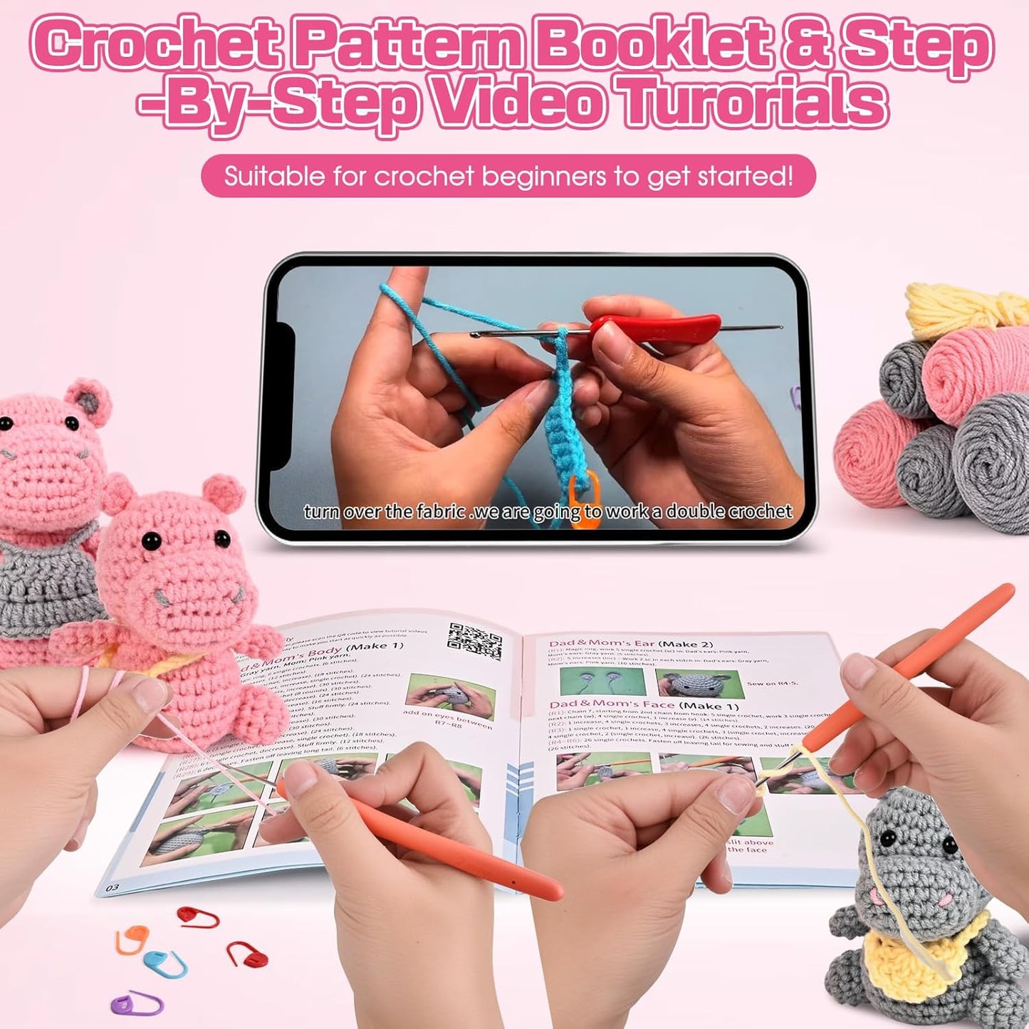 DetFinns Crochet Kit for Beginners, Crochet Starter Kits with Step-by-Step Video Tutorials, DIY Craft Kits Amigurumi Knitting Supplies, Cute Hippo (40%+ Yarn)