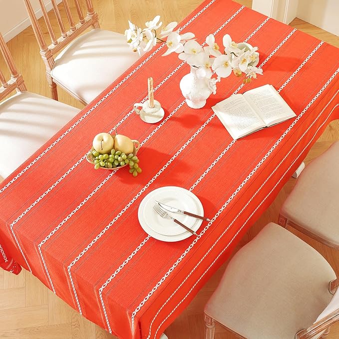 Chassic 60 x 84 inches Farmhouse Style Linen tablecloths, Wrinkle Resistant Washable Dining Room Table Cloths for Rectangle Tables - Hemstitch Maple Orange