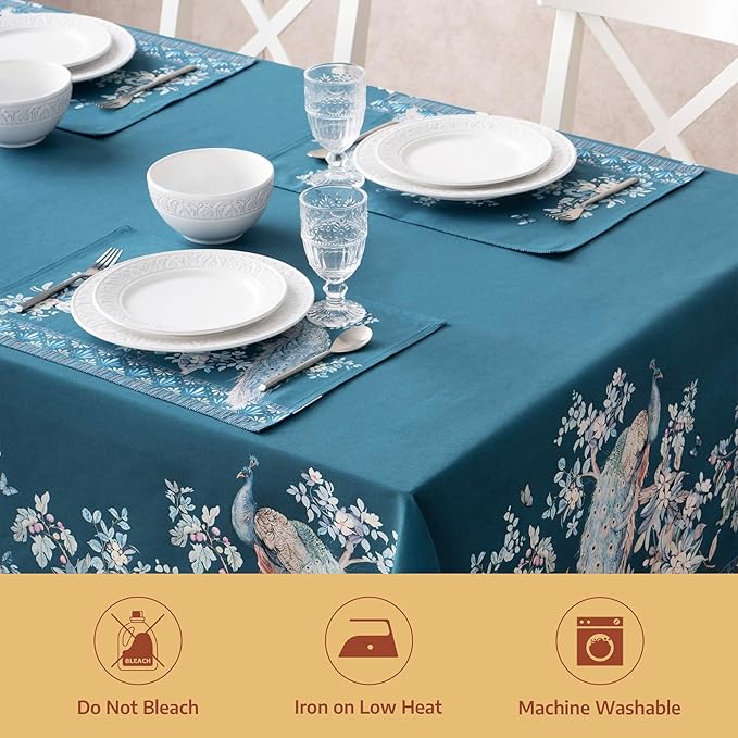 Maison d' Hermine Premium Table Cloth Rectangle Table 100% Combed Cotton 120 x 70 Inches Tablecloth Reusable Decorative for Dining Room, Farmhouse, Party, Festive & Wedding - Peacock Utopia - Deep Sea