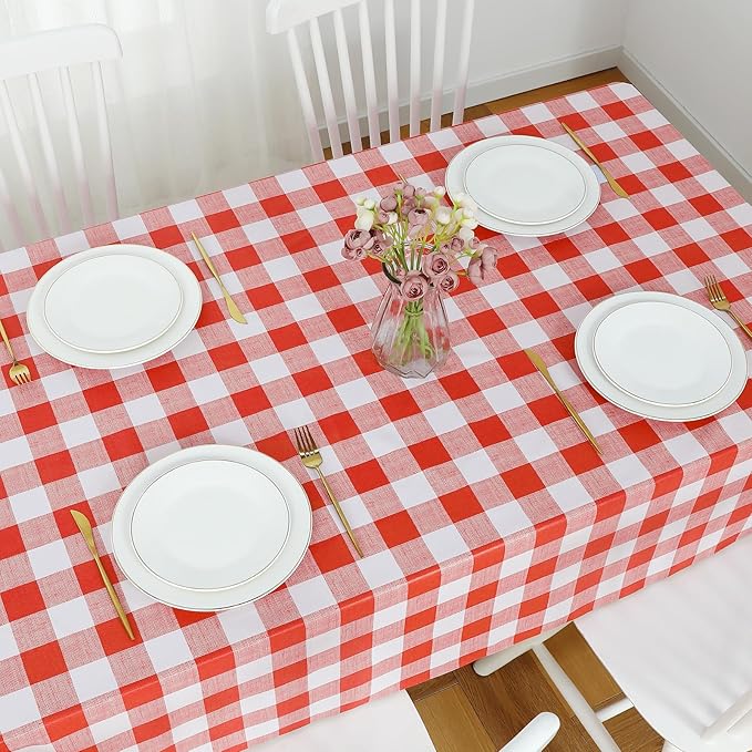 Romanstile Gingham Rectangle Plastic Tablecloth, 100% Waterproof Oil-Proof Checkered PVC Table Cloth, Heavy Duty Vinyl Table Cover for Dining, Camping, Picnic, Outdoor - 54 x 78 Inch, Red and White