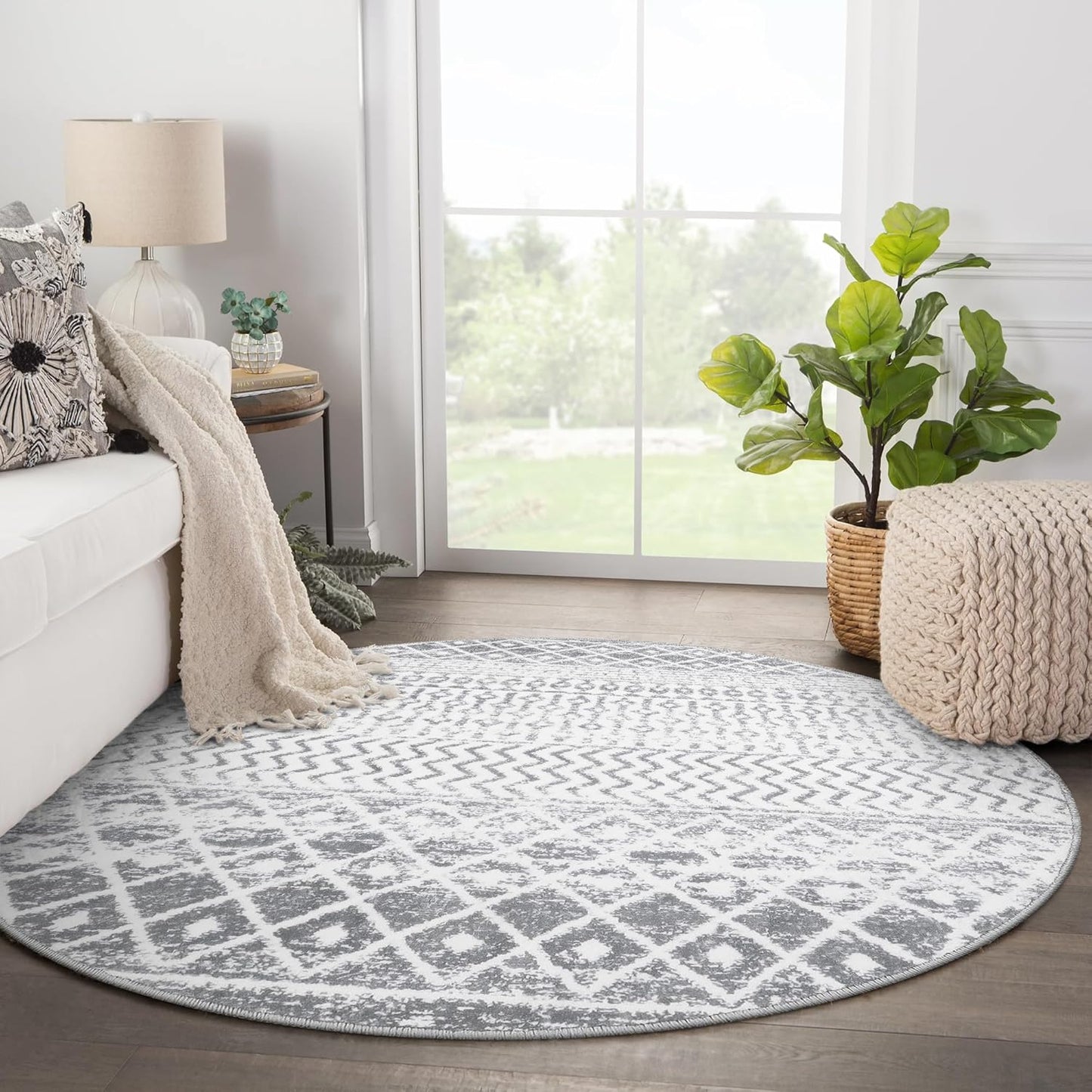 Moroccan Washable Round Rug, 4ft Grey Circle Rug Non Slip with Rubber Backing, Soft Non-Shedding Neutral Area Rug Indoor Floor Carpet for Bedroom Living Room Dining Room