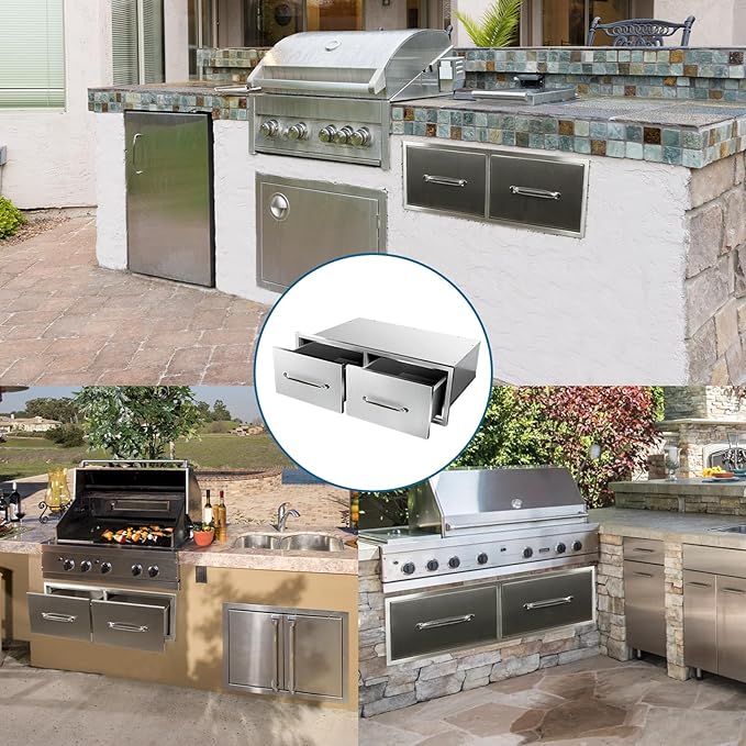Outdoor Kitchen Drawers 30"Wx10"Hx20"D Flush Mount Access Horizontal 2-Drawer BBQ Stainless Steel Drawers with Handle for Outdoor Kitchen Island or Grill Station