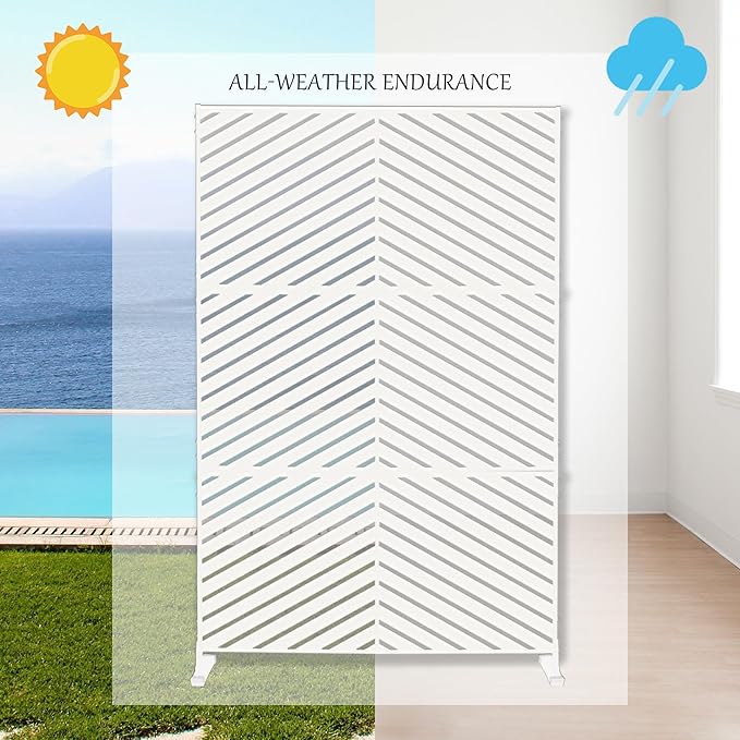 Kozyard Metal Privacy Screen 74" H x 47.2" W Decorative Outdoor Divider with Stand Panels Freestanding Screen Set for Deck Patio Balcony Garden Outdoor&Indoor (White/Chevron)