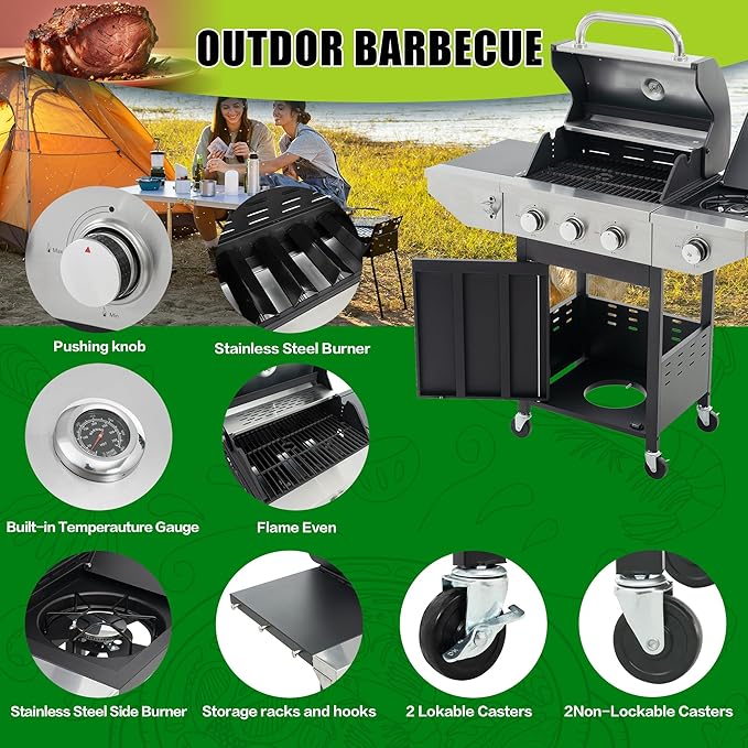 Zateety 3 Burner Propane Grill - 40,500 BTU Gas Grill with Side Burner, Stainless Steel with Iron Cast Grates for Outdoor Cooking, Patio, Camping BBQ, Garden Barbecue Grill, Black and Silver