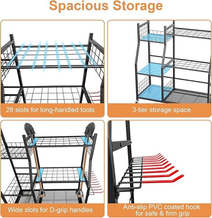 Garden Tool Organizer with Wheels for Garage, Freestanding Garage Tool Organizer, Yard Tool Holder, Garden Tool Cart for Long Handled Tools,Rakes, Brooms, Yard Storage Rack for Shed, Indoor, Outdoor
