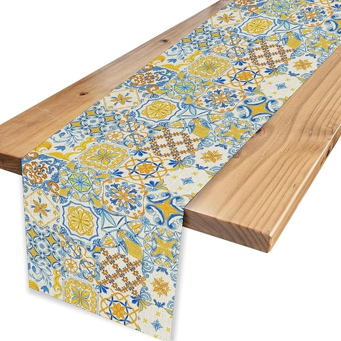 Mexican Table Runner, Blue Rustic Mexico Talavera Ceramic Dia De Los Muertos Coffee Table Center Decor for Family Home Kitchen and Dining Farmhouse Indoor Outdoor Table Decorations, 13" X 72"