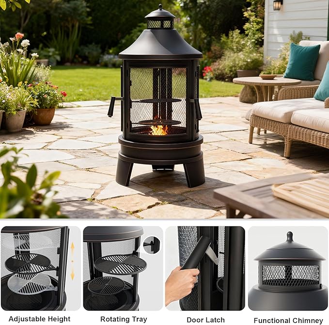 ALAULM Metal Chiminea Fire Pit with Grill, 2 in 1 Firepit with Adjustable Grill Tray & Mesh Spark Screen Door, 3-Door Multi-Access Fireplace for Patio, Garden & Backyard