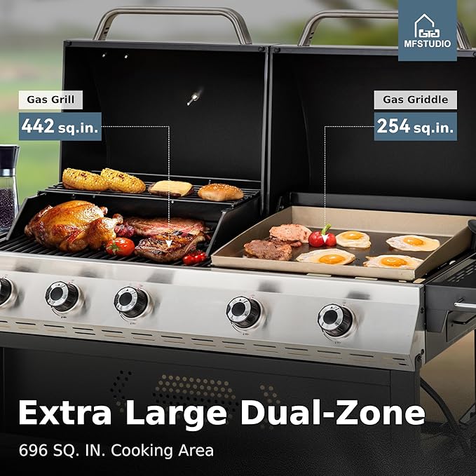 MFSTUDIO 5 Burner Gas Grill Griddle Combo with Porcelain-Enameled Cast Iron Grates,Cutting Board and Double Lids, Duel-Function Propane BBQ Grills with Flat Top Grddle for Outdoor Barbecue Cooking