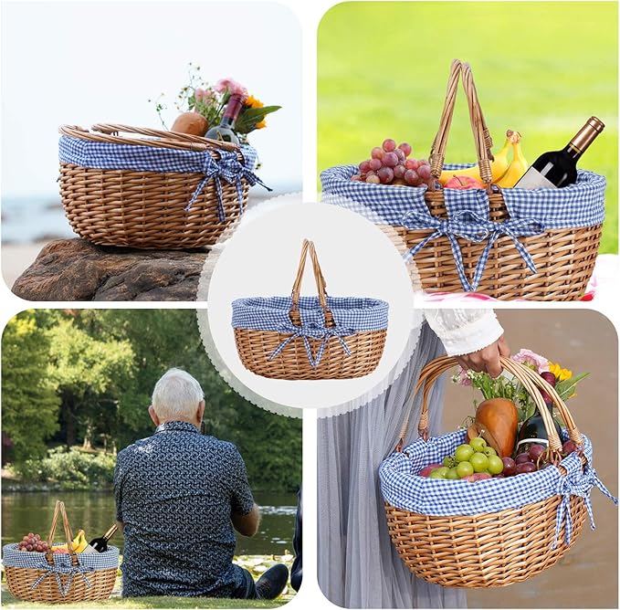 G GOOD GAIN Wicker Picnic Basket with Double Folding Handles,Willow Picnic Hamper,Natural Hand Woven Easter Basket,Easter Eggs and Candy Basket,Bath Storage,Gift Packing Basket.Blue