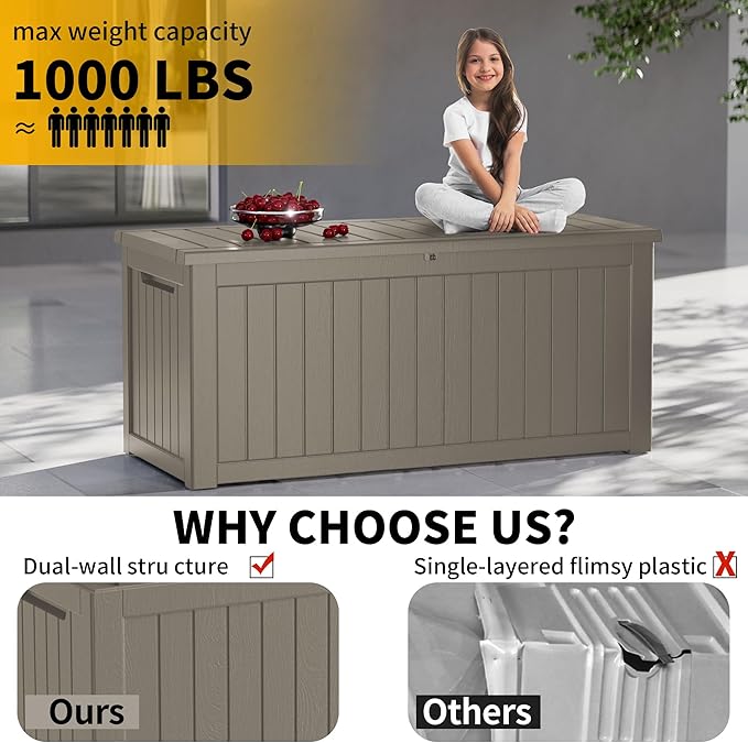 270 Gallon Resin Deck Box, Waterproof Outdoor Storage Box for Patio Furniture Cushions, Garden Tools, and Pool Accessories, Large Lockable UV-Resistant Storage Bin Bench Cabinet for Outside, Grey