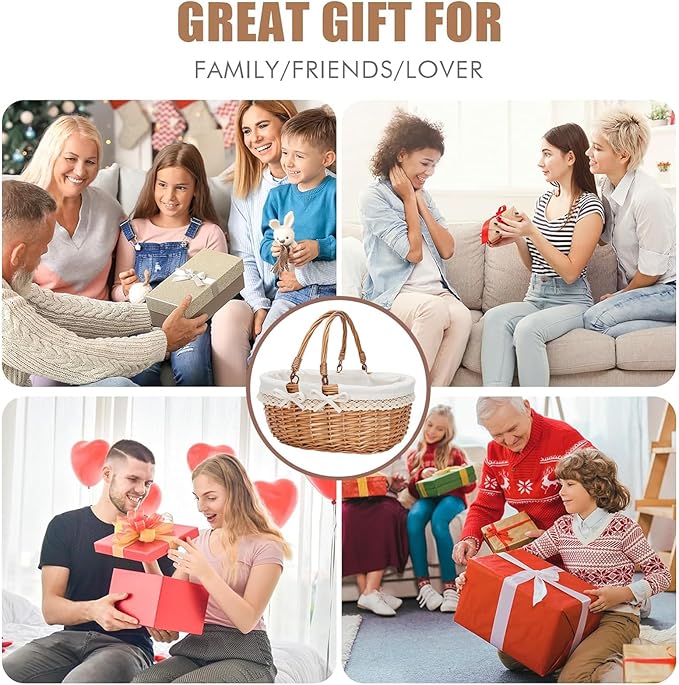 G GOOD GAIN Oval Picnic Basket with Folding Handles, Willow Hand Woven Shopping Basket, Bath Storage Gift Packing Basket, Wicker Empty Easter Eggs and Candy Small Gift Basket.Cream