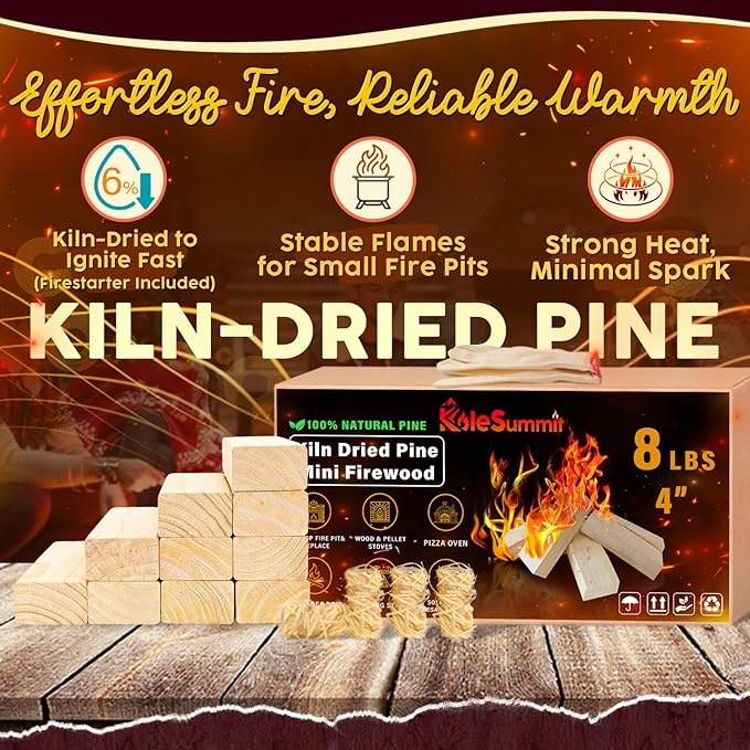 Mini Fire Stick with Fire Starters Gloves 4" Kiln Dried Pine Small Barkless Kindling Logs Compatible with Wood Stoves, Tabletop Fire Pits, BBQ Grills & Pizza Ovens, 8 lb Box