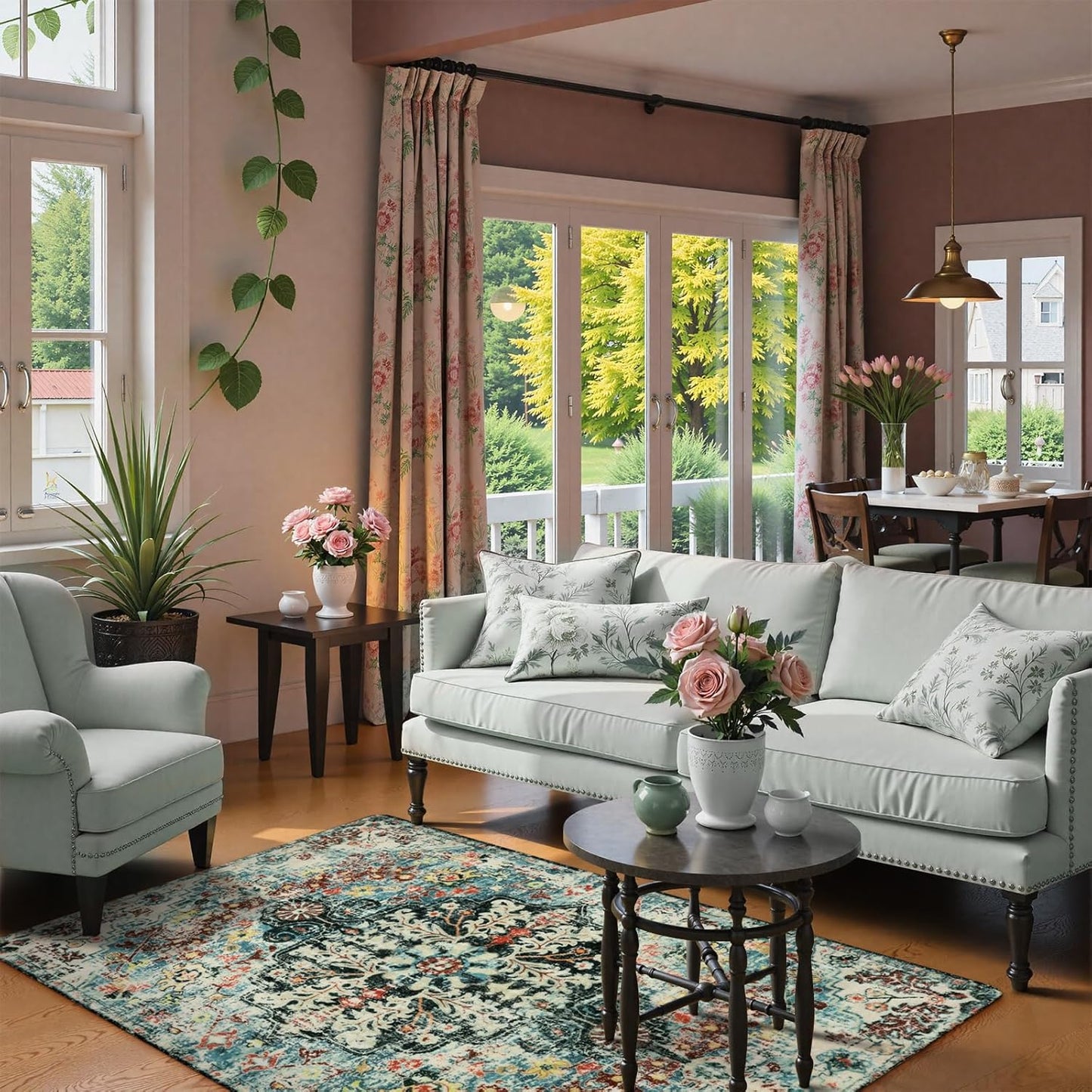 Lahome Bohemian Floral Medallion Area Rug - 4x6 Teal Soft Bedroom Rug Washable Entryway Mat, Non Slip Pet Friendly Indoor Floor Accent Carpet for Bathroom Mudroom Basement Studio