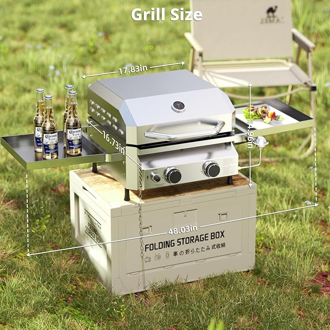 Tabletop Gas Grill, Stainless Steel Portable Propane Grill with Dual Storage Side Platforms – Compact & Powerful 16,000 BTU Dual-Burner BBQ Grill for Garden and Patio Backyard,Camping