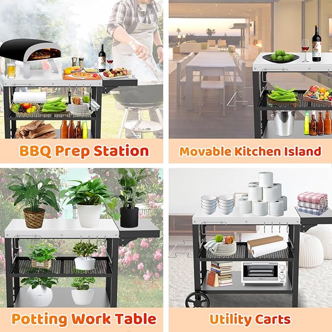 Outdoor Kitchen Island, Grill Table Cart with Drawer, Pizza Oven Stand, Movable 3-Shelf Prep Table with Side Table for Ninja Woodfire, Ooni Pizza Oven, Blackstone Griddle, Cuisinart, Barbecue tool set