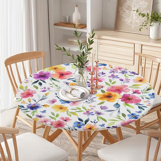 Spring Summer Floral Round Fitted Tablecloth with Elastic Watercolor Flower Outdoor Circle Table Cloth for 48-52" Tables Colorful Stretch Waterproof Washable Table Cover for Picnic Dining Party Decor