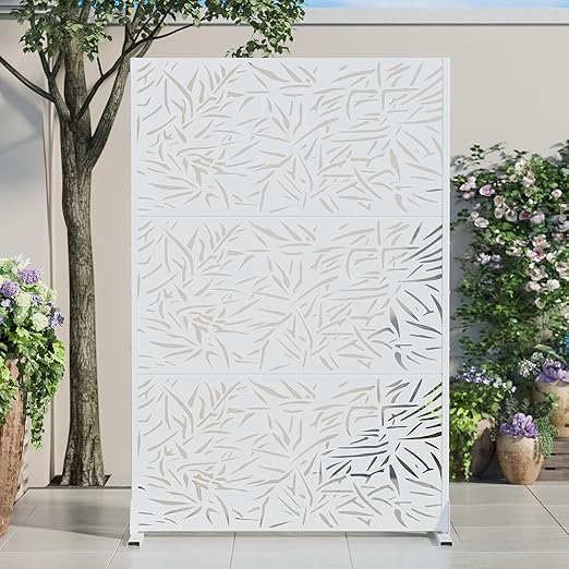 Casaphoria 72" H x 47" W Metal Outdoor Privacy Screen, Freestanding Decorative Divider for Patio, Deck, Balcony, and Garden with Stable Base, White Bamboo Leaves