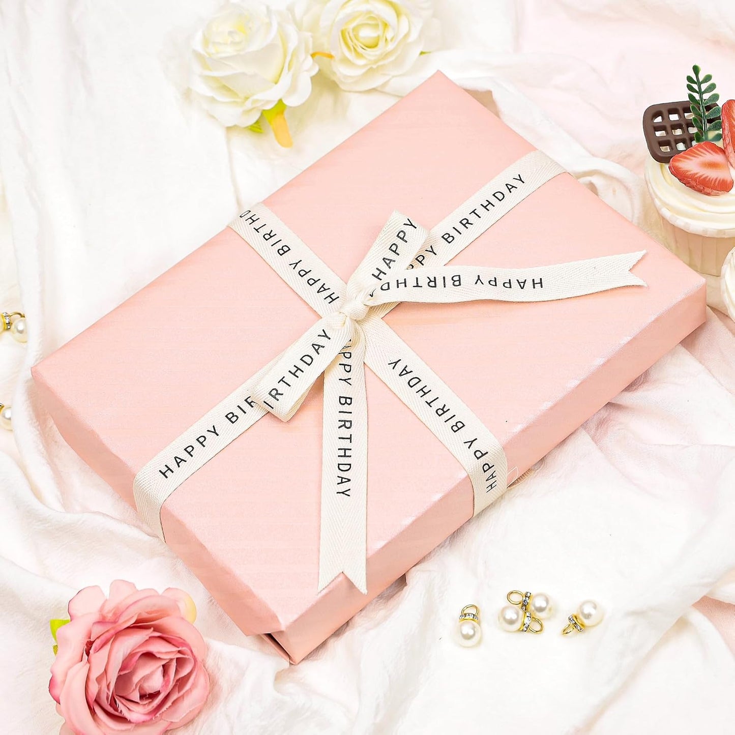 Happy Birthday Ribbon - 5/8 Inch x 12 Yards Natural Twill Tape Ribbon, Cotton Herringbone Ribbons for Gift Wrapping, Birthdays, Christmas, Anniversaries, Mother's Day