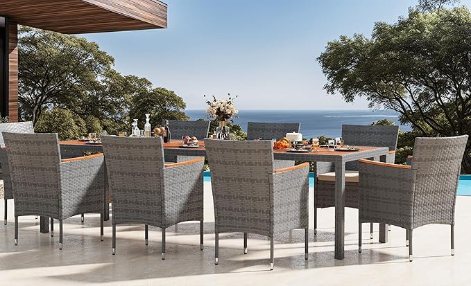Devoko Outdoor Patio Dining Sets 9 Pieces Wicker Outdoor Dining Table and Chairs Set with Acacia Wood Table Top and Widened Armrests for Backyard, Garden, Deck (Grey)