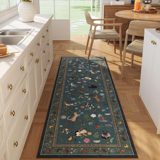 Rugcomf Runner Rug for Kitchen Non Slip 2'6''x8' Washable Rugs with Rubber Backing Soft Floral Animal Cat Carpet Runner for Kitchen Laundry Bedroom Bathroom, Pearl Gentian Blue