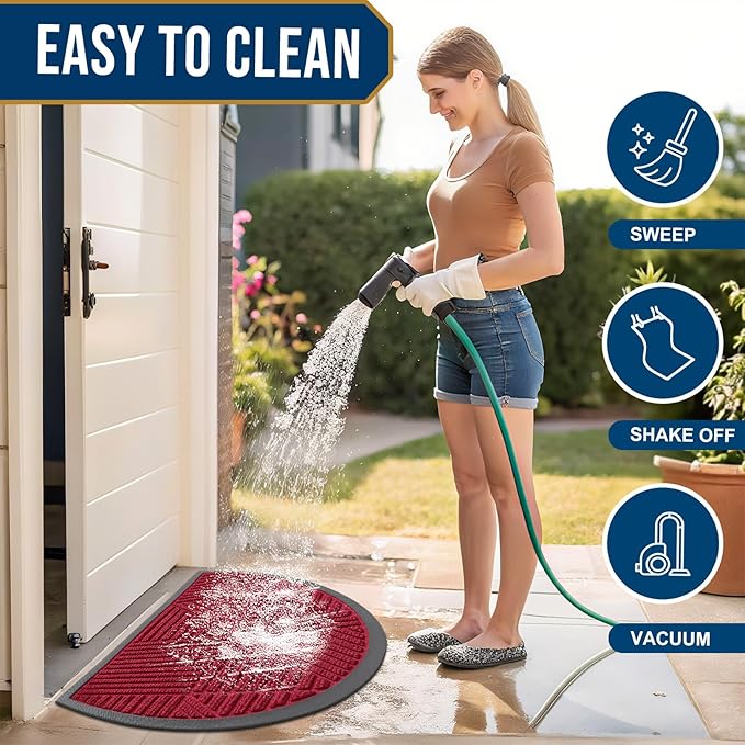 Smiry Half Circle Front Door Mat Outside Entrance, Heavy Duty Sturdy Natural Rubber Doormat, Trap Dirt and Moisture, Low Profile Mats for Indoor Outdoor Entry, Irregular Triangle (36x24, Wine Red)