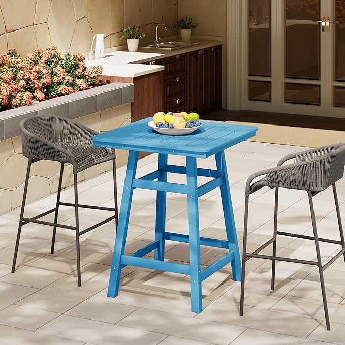 Costaelm Outdoor Bar Table, 37" Counter Height Square Patio Cocktail Bar Table with Umbrella Hole, Patio Bistro Dining Pub Table for Front Porch Deck Backyard Garden, Pacific Blue