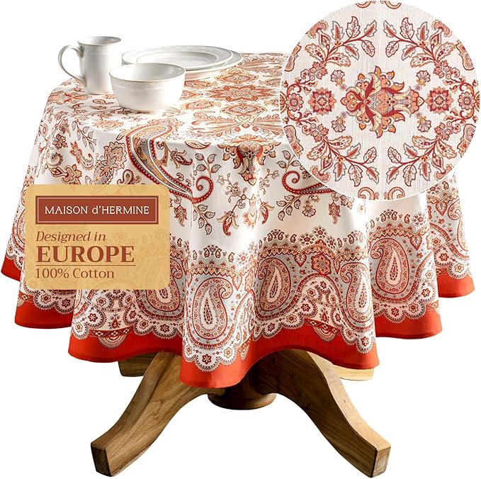 Maison d' Hermine Table Cloth Round Table 100% Cotton 69 Inches Fall Tablecloth Reusable Everyday Use for Thanksgiving Christmas Decorations Dining Farmhouse Party (Cachemire)