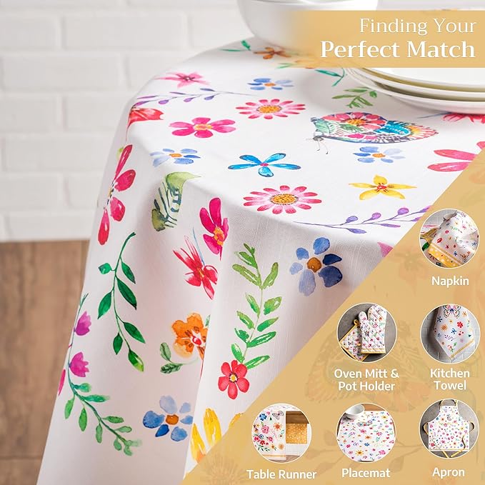 Maison d' Hermine Table Cloth Round Table 100% Cotton 63 Inches Tablecloth Reusable Decorative for Dining Room, Farmhouse, Home, Party, Festive & Wedding Spring Summer - Happy Florals - Sweety