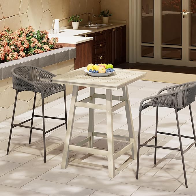 Costaelm Outdoor Bar Table, 37" Counter Height Square Patio Cocktail Bar Table with Umbrella Hole, Patio Bistro Dining Pub Table for Front Porch Deck Backyard Garden, Sand